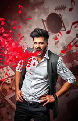 A man with a dynamic and expressive demeanor, explosively emitting red musical notes from his mouth