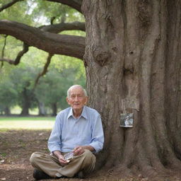 An elderly man, holding a cherished photograph, sitting under an expansive, ancient tree.