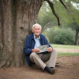 An elderly man, holding a cherished photograph, sitting under an expansive, ancient tree.