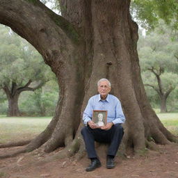 An elderly man, holding a cherished photograph, sitting under an expansive, ancient tree.