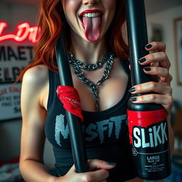 A close-up shot of a sexy female redhead, showcasing her chest and torso