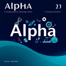 A scientific journal cover page for 'Alpha', designed with a sleek and professional aesthetic