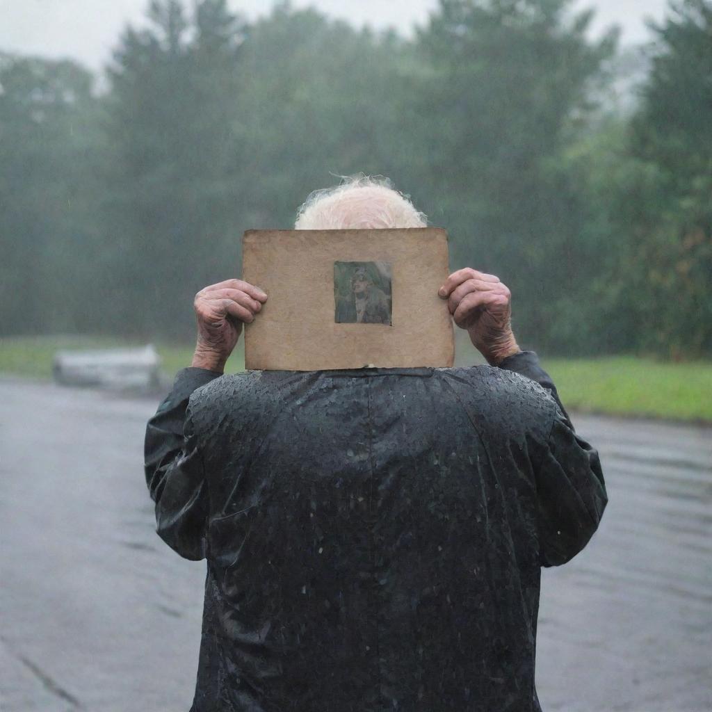 An elderly man seen from behind, standing under pouring rain, holding a faded photograph in his hand.