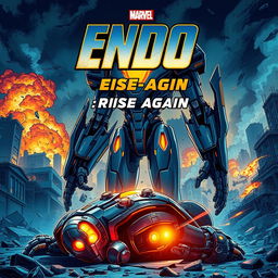 An epic Marvel movie poster featuring Endo 3, a towering cyborg with a sleek design and intricate technological features, standing triumphantly amidst ruins