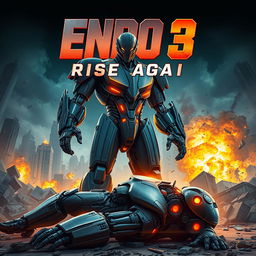 An epic Marvel movie poster featuring Endo 3, a towering cyborg with a sleek design and intricate technological features, standing triumphantly amidst ruins