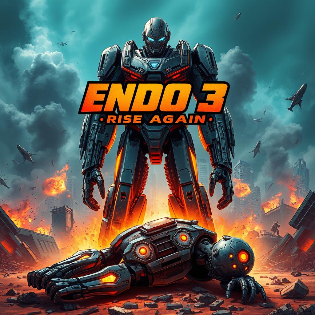 An epic Marvel movie poster featuring Endo 3, a towering cyborg with a sleek design and intricate technological features, standing triumphantly amidst ruins