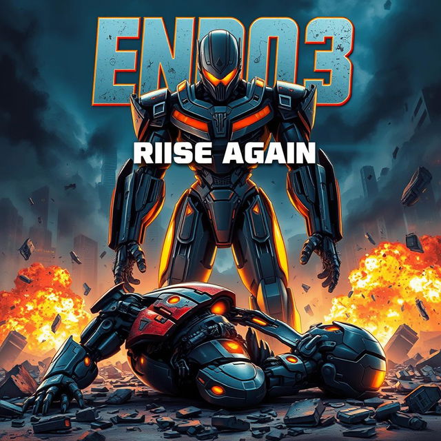 An epic Marvel movie poster featuring Endo 3, a towering cyborg with a sleek design and intricate technological features, standing triumphantly amidst ruins