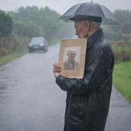 An elderly man seen from behind, standing under pouring rain, holding a faded photograph in his hand.