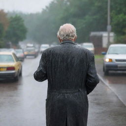 An elderly man seen from behind, standing under pouring rain, holding a faded photograph in his hand.