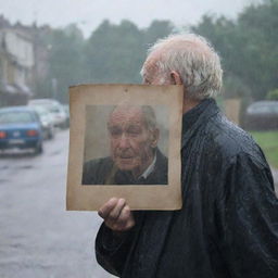 An elderly man seen from behind, standing under pouring rain, holding a faded photograph in his hand.