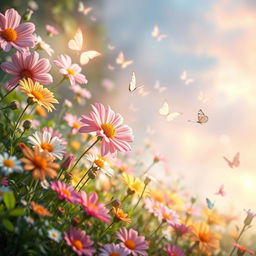 An ethereal floral landscape filled with an abundance of beautiful and vibrant flowers in full bloom, surrounded by soft, glowing light