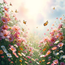 An ethereal floral landscape filled with an abundance of beautiful and vibrant flowers in full bloom, surrounded by soft, glowing light