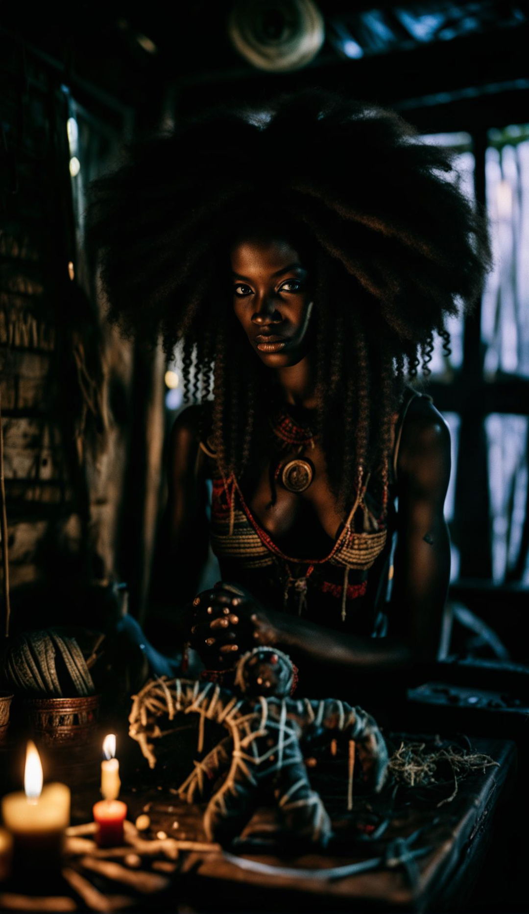 A raw, unedited photograph captures a beautiful Haitian woman with a large Afro in a dimly lit voodoo shack. She manipulates a voodoo doll amidst an array of frightening trinkets. Her side profile is in focus, revealing symmetrical facial features and green eyes. The image is highly detailed and reminiscent of James Nachtwey's photography.