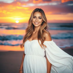 A stunning portrait of a beautiful woman standing on a beach at sunset, wearing a flowing white dress that catches the gentle breeze