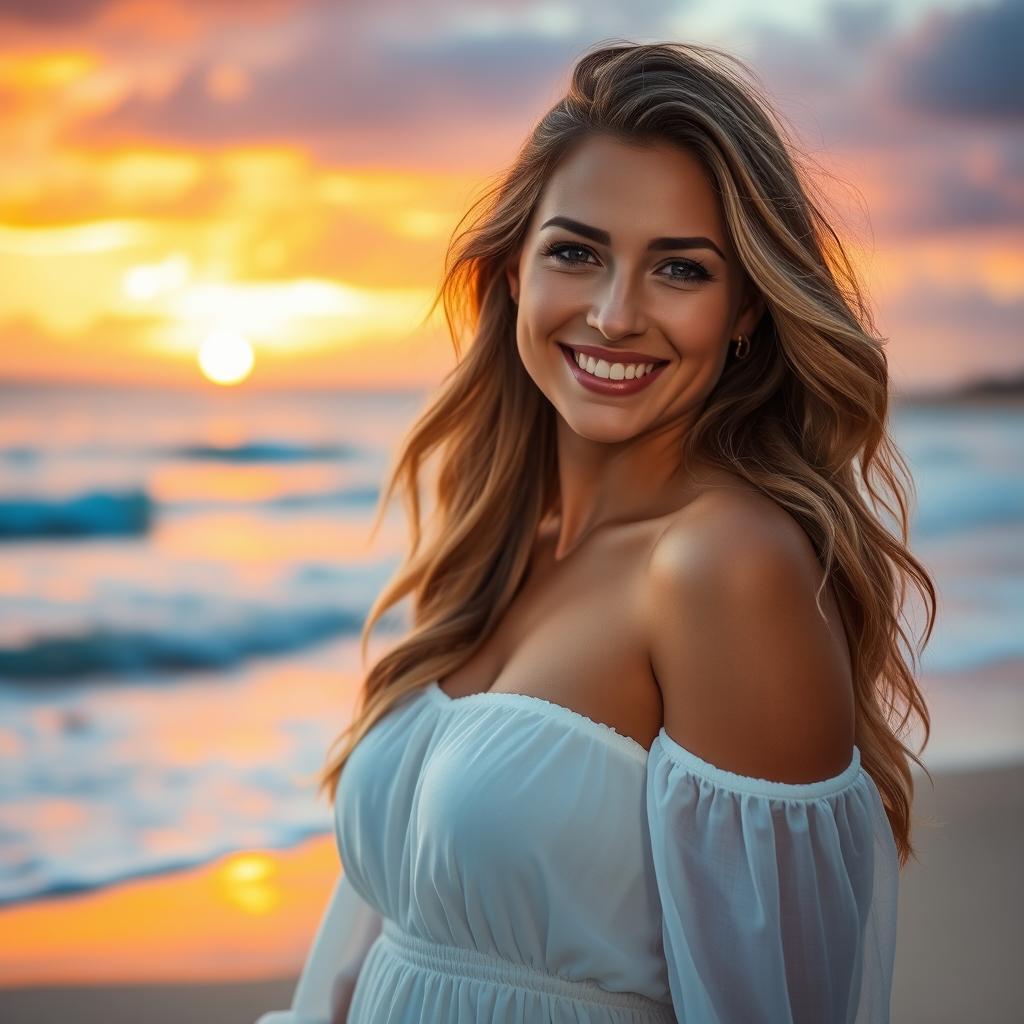 A stunning portrait of a beautiful woman standing on a beach at sunset, wearing a flowing white dress that catches the gentle breeze