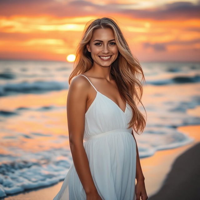 A stunning portrait of a beautiful woman standing on a beach at sunset, wearing a flowing white dress that catches the gentle breeze