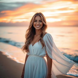 A stunning portrait of a beautiful woman standing on a beach at sunset, wearing a flowing white dress that catches the gentle breeze