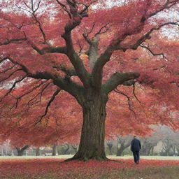 An old man viewed from behind, standing under a towering red tree shedding its leaves.