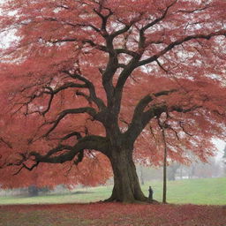 An old man viewed from behind, standing under a towering red tree shedding its leaves.