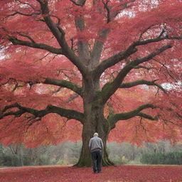 An old man viewed from behind, standing under a towering red tree shedding its leaves.