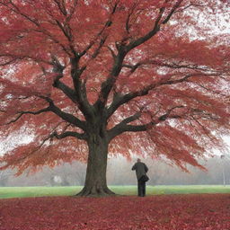 An old man viewed from behind, standing under a towering red tree shedding its leaves.