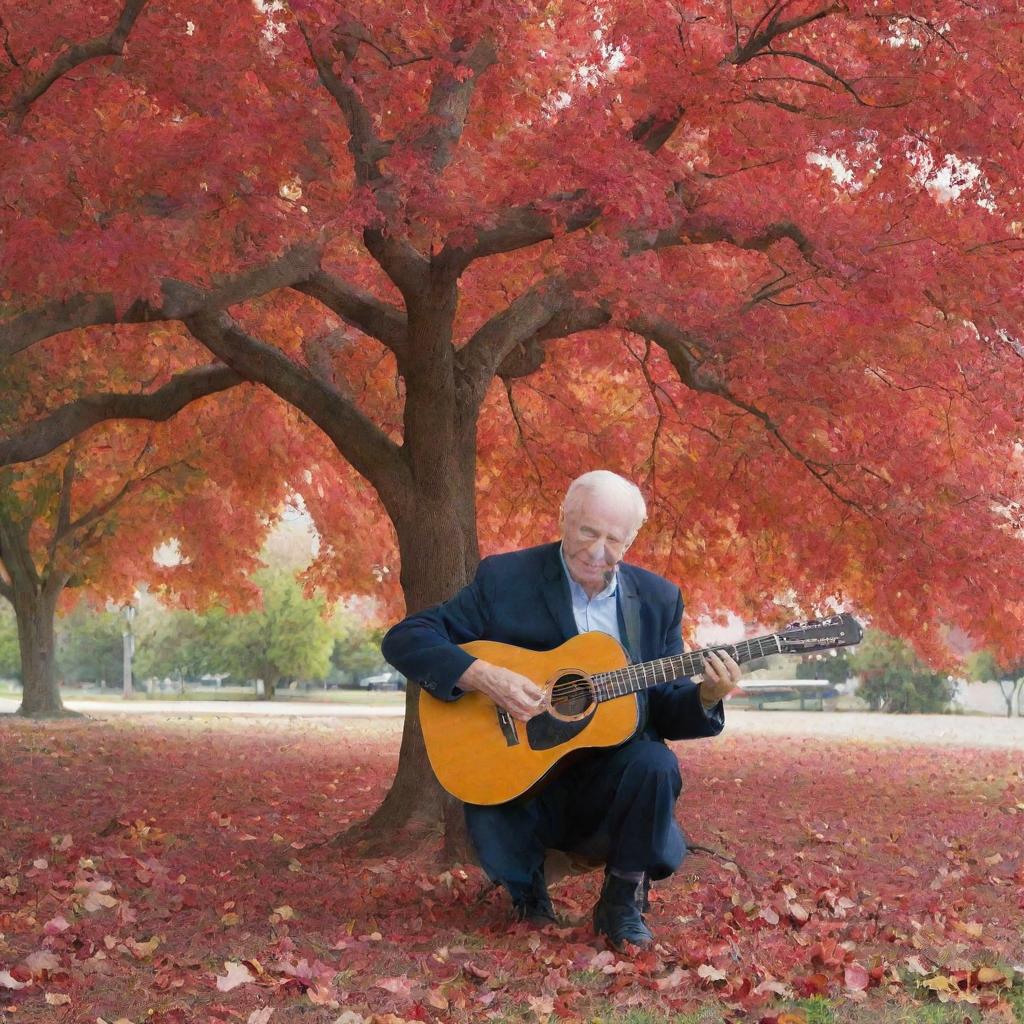 Depict an elderly man seen from behind, playing guitar under a large vibrant red tree with leaves falling around him.