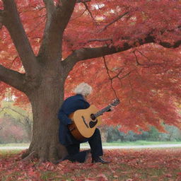 Depict an elderly man seen from behind, playing guitar under a large vibrant red tree with leaves falling around him.