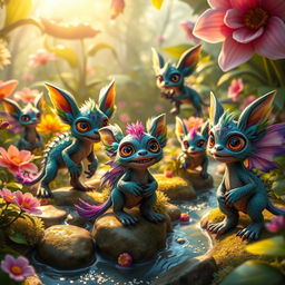 A vibrant and colorful scene featuring a group of unique traptars, which are fantastical creatures that blend characteristics of various animals