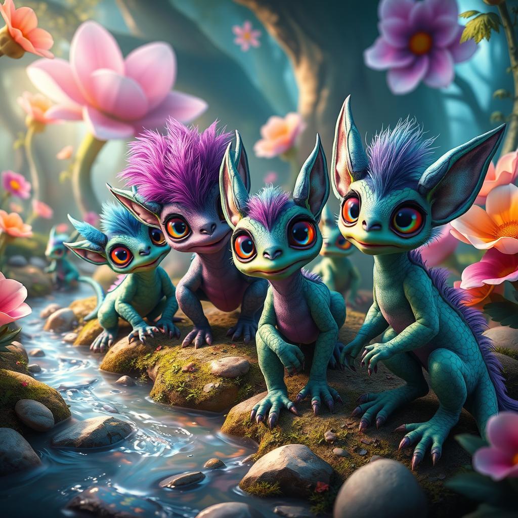 A vibrant and colorful scene featuring a group of unique traptars, which are fantastical creatures that blend characteristics of various animals