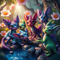 A vibrant and colorful scene featuring a group of unique traptars, which are fantastical creatures that blend characteristics of various animals
