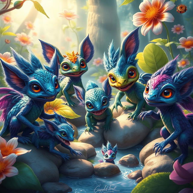 A vibrant and colorful scene featuring a group of unique traptars, which are fantastical creatures that blend characteristics of various animals