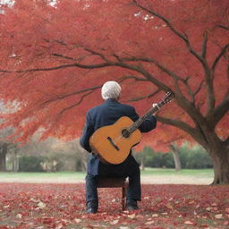 Depict an elderly man seen from behind, playing guitar under a large vibrant red tree with leaves falling around him.