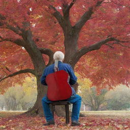 Depict an elderly man seen from behind, playing guitar under a large vibrant red tree with leaves falling around him.