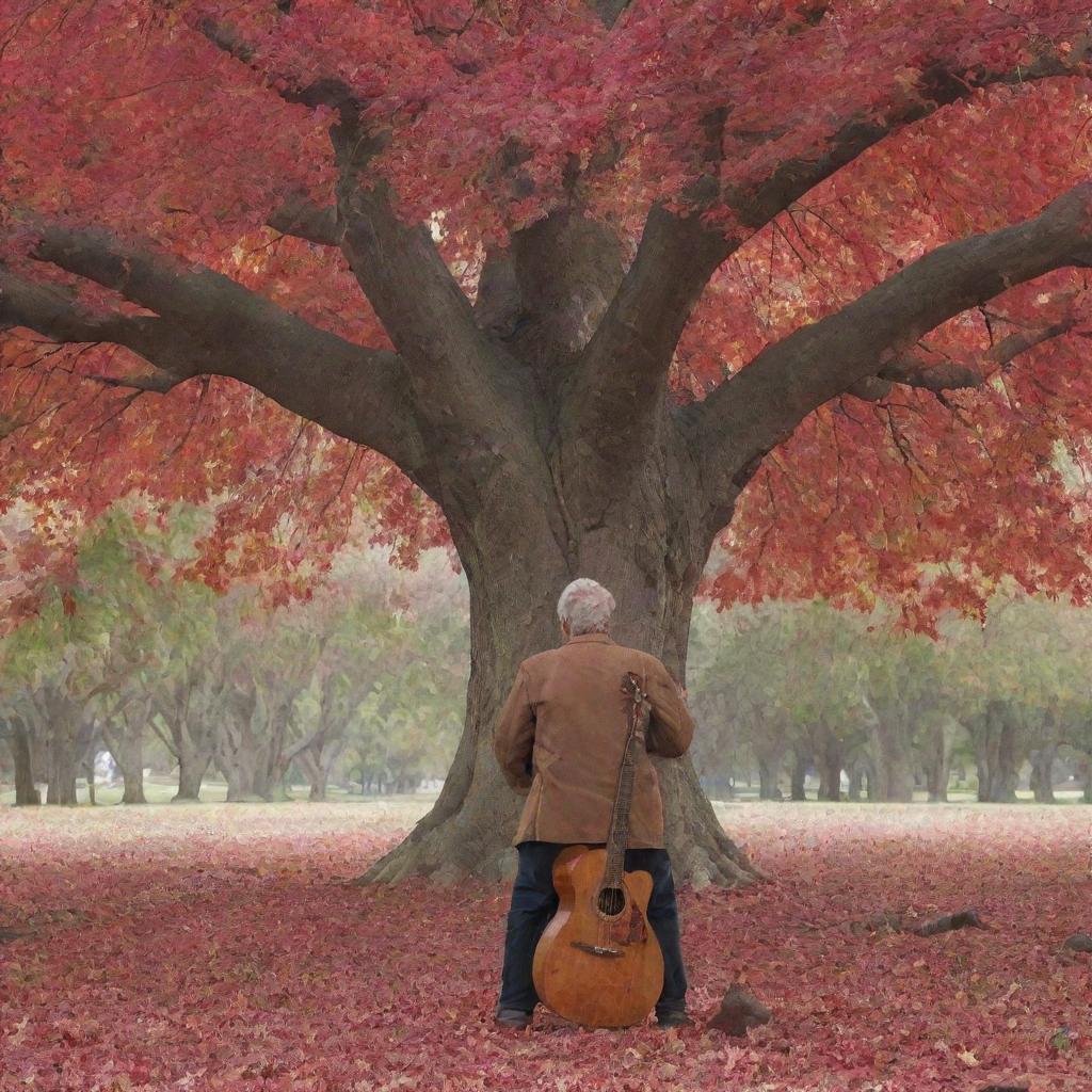 An elderly man seen from behind, holding a guitar under a massive red tree with leaves falling around him.