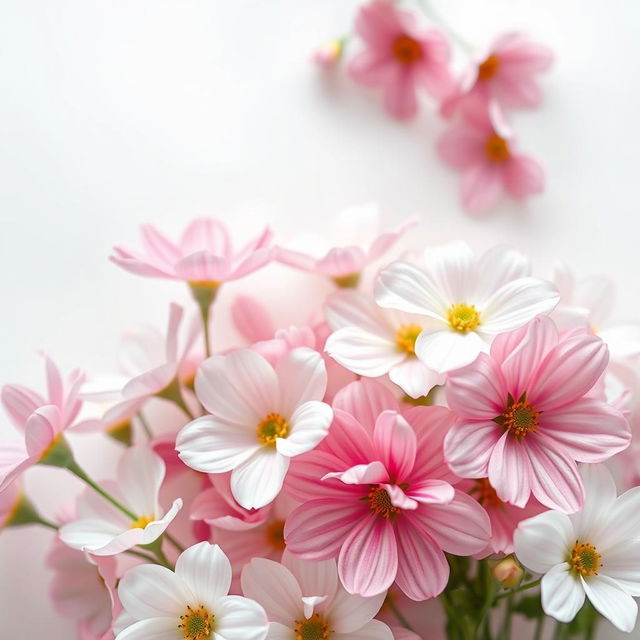 An ethereal floral scene with a white background, showcasing vibrant and delicate blossoms that radiate beauty, healing, and hope