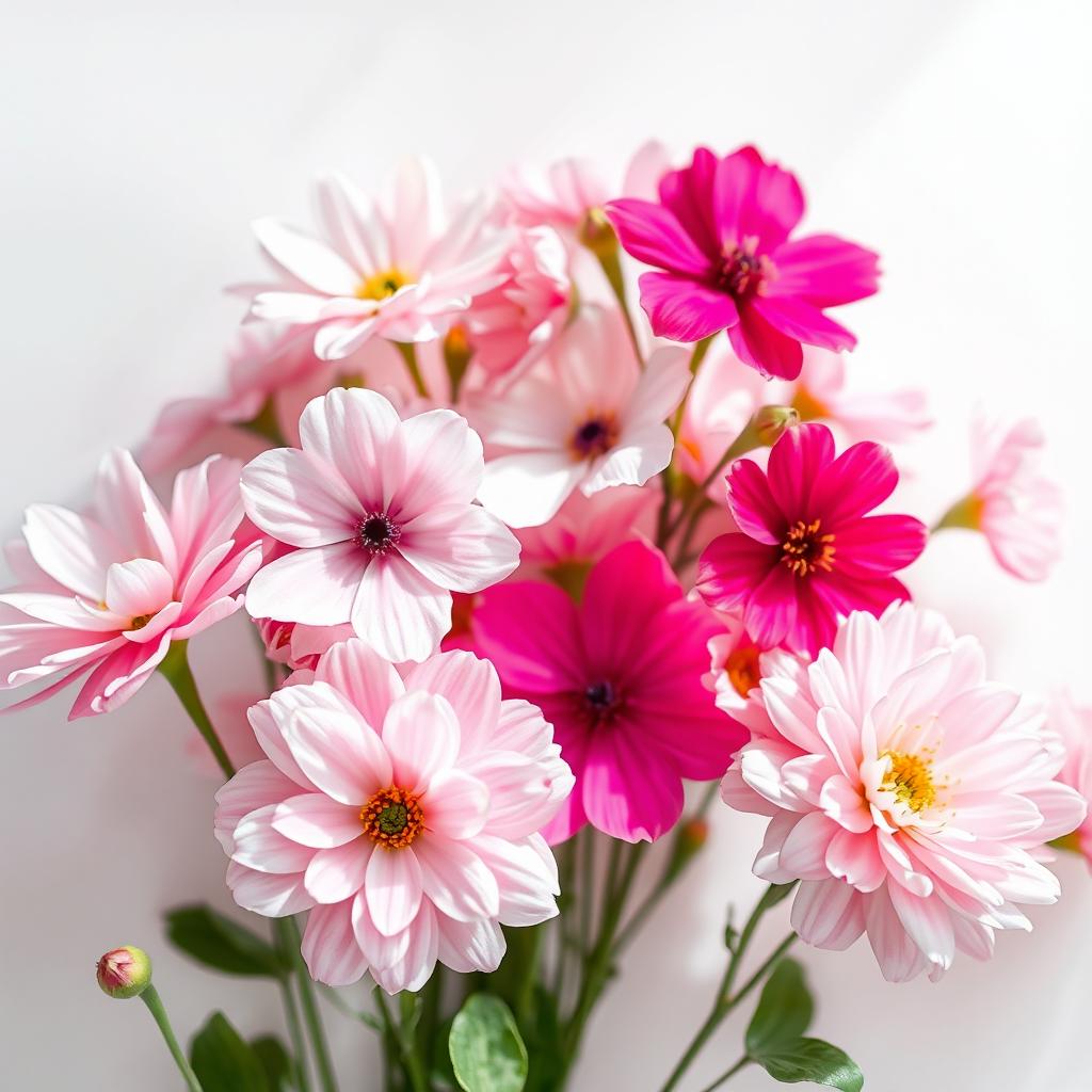 An ethereal floral scene with a white background, showcasing vibrant and delicate blossoms that radiate beauty, healing, and hope