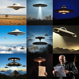 A captivating collage showcasing 10 famous UFO sightings, featuring various styles of alien spacecraft