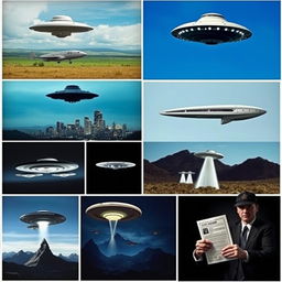A captivating collage showcasing 10 famous UFO sightings, featuring various styles of alien spacecraft