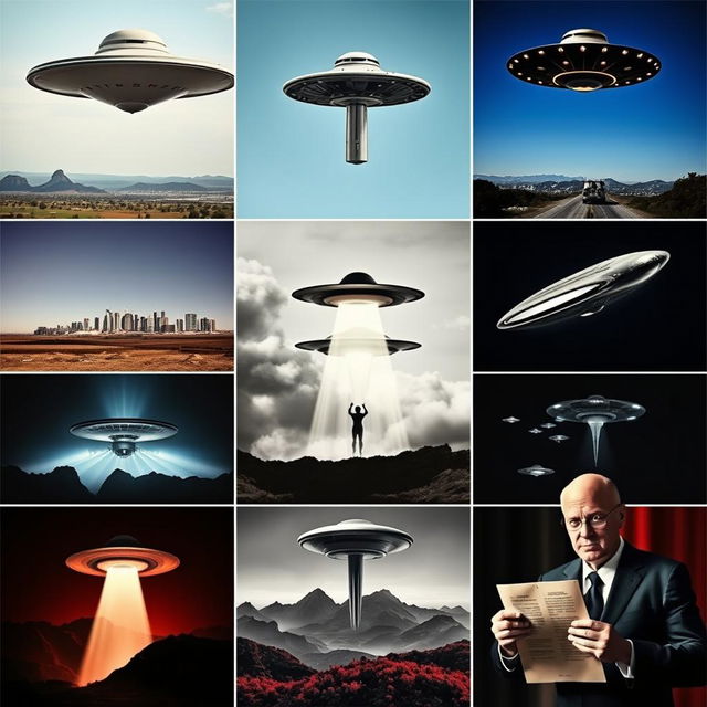 A captivating collage showcasing 10 famous UFO sightings, featuring various styles of alien spacecraft