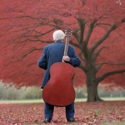 An elderly man seen from behind, holding a guitar under a massive red tree with leaves falling around him.