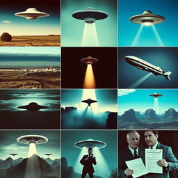 A captivating collage showcasing 10 famous UFO sightings, featuring various styles of alien spacecraft
