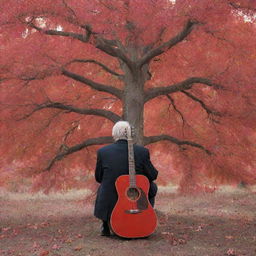 An elderly man seen from behind, holding a guitar under a massive red tree with leaves falling around him.