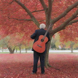 An elderly man seen from behind, holding a guitar under a massive red tree with leaves falling around him.