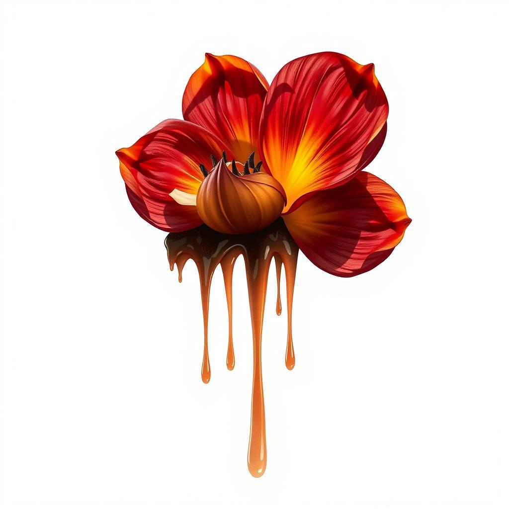 An intriguing and thought-provoking illustration of a flower melting, embodying elements of horror, healing, and hope