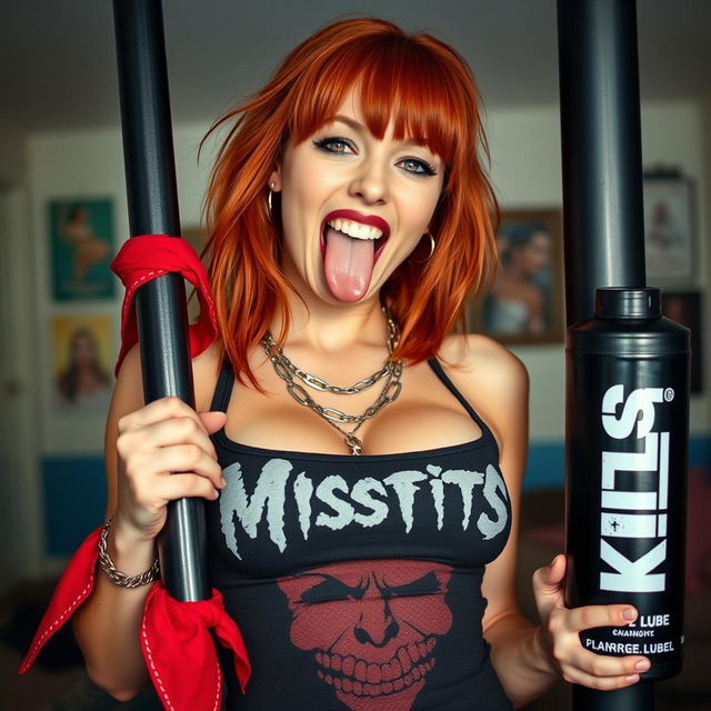 A close-up torso shot featuring a sexy female redhead wearing a 'Misfits' tank top with punk chains, highlighting her large chest and cleavage