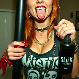 A close-up shot of a sexy redhead female wearing a 'Misfits' tank top and adorned with punk chains, highlighting her large chest and prominent cleavage