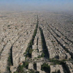 A panoramic view of Tehran, the capital of Iran, with its characteristic Persian architecture and bustling city life, without any reference to specific religions.