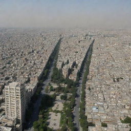 A panoramic view of Tehran, the capital of Iran, with its characteristic Persian architecture and bustling city life, without any reference to specific religions.