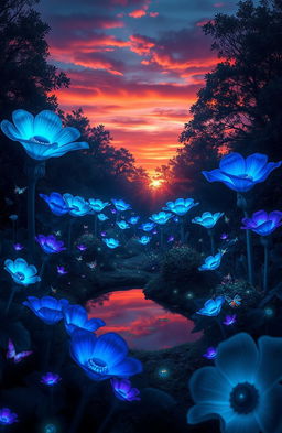 A dramatic landscape of a fantasy forest at twilight, filled with luminous bioluminescent plants and vibrant, oversized flowers in various shades of blue and purple, reflecting a magical aura