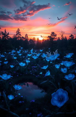 A dramatic landscape of a fantasy forest at twilight, filled with luminous bioluminescent plants and vibrant, oversized flowers in various shades of blue and purple, reflecting a magical aura